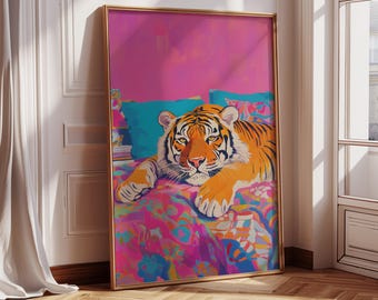 Maximalist Tiger Print, Cute Tiger Vivid Maximalist Oil Painting, Dopamine Animal Pink Poster, Colorful Trendy Bedroom Print, Vibrant Preppy