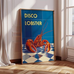 Blauwe disco kreeft heldere en levendige kunstprint | Grappige voedselposter | Digitale download | Retro trendy interieurdecoratie | Vintage kreeftencadeau