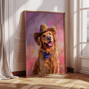 Dog Cowgirl Hat Print, Retriever Lover, Pink Print, Vintage Art, Western Girly Preppy Trendy Wall Art, Puppy Print, Funky Western Art PNG