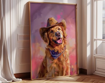 Dog Cowgirl Hat Print, Retriever Lover, Pink Print, Vintage Art, Western Girly Preppy Trendy Wall Art, Puppy Print, Funky Western Art PNG