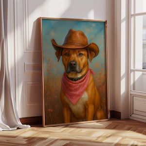 Dog Cowgirl Hat Print, Mixed Lover, Pink Print, Vintage Art, Western Girly Preppy Trendy Wall Art, Puppy Print, Funky Western Art PNG