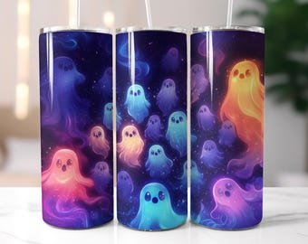 Lindo envoltorio de vaso fantasma, lindo vaso de Halloween, diseños de vasos rectos delgados de sublimación de 20 oz, PNG espeluznante, descarga digital PNG