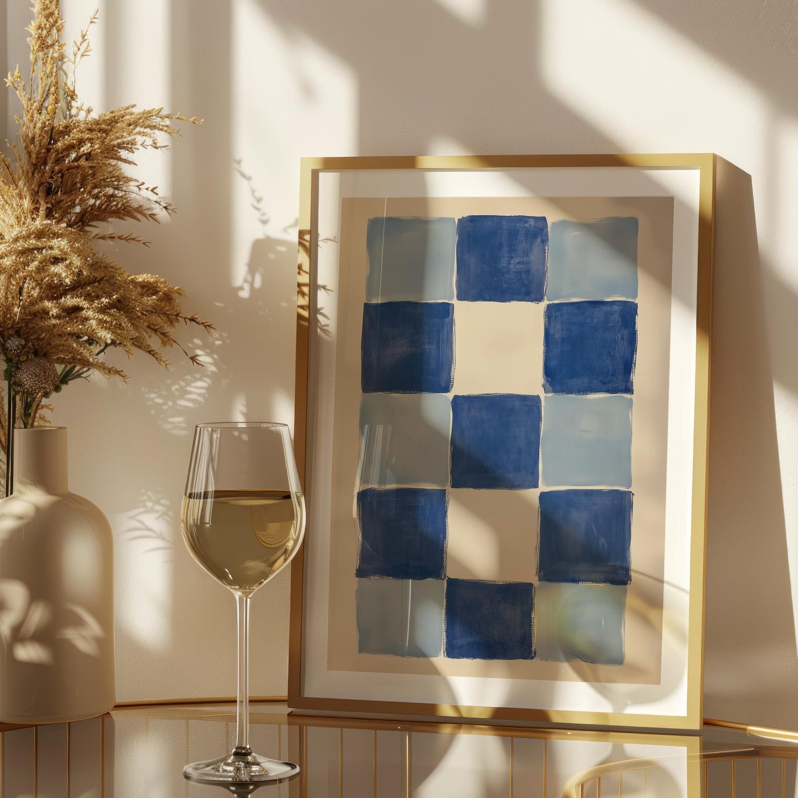 Blue Checkerboard Poster Wall Art, Indigo Checker Pattern Art Prints ...