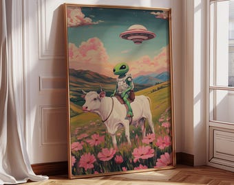 Impresión de mejores amigos extraterrestres y vacas / Arte ovni, pequeño y adorable extraterrestre, pintura al óleo de paisaje retro, póster de vaca ovni, arte de pared extraterrestre