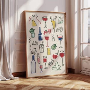 Retro eettafel print, barwagen Art Print, eten en drinken illustraties poster, maximalistische keukengalerij kunst aan de muur, decor appartement