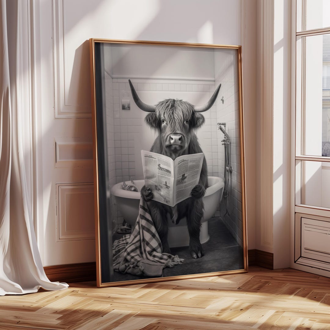 Highland Cow Sitting on the Toilet Reading a Newspaper, Funny Bathroom ...