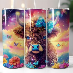 Highland Cow Floral Tumbler Wrap, 20oz Skinny Sublimation Tumbler Design, Baby Highland Cow Sublimation Design Png, Floral Png