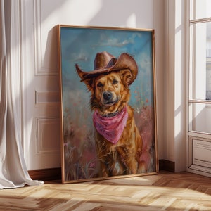 Dog Cowgirl Hat Print, Pink Print, Vintage Art, Western Girly Preppy Trendy Wall Art, Puppy Print, Cowgirl Hat Print, Funky Western Art PNG