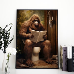 Bigfoot on Toilet - Bigfoot reading newspaper - Digital Poster - Custom Wall Art - Sasquatch Printable - Cryptid PNG - Digital Download