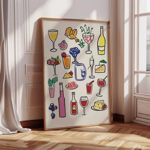 Retro Dinner Table Print, Bar Cart Art Print, Food and Drinks Illustrations Poster, Maximalist Kitchen Gallery Wall Art, Apartment Decor
