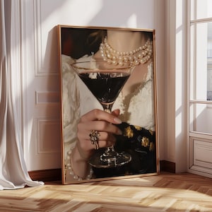 Vintage Espresso Martini Print | Estetyka wiktoriańska | Wydrukowana sztuka do wózka barowego | Uroczy dziewczęcy wystrój pokoju w akademiku | Malowanie koktajli