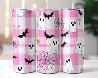 Retro Halloween Tumbler Wrap PNG, Design,Pastel Checkered Ghost Tumbler PNG,Spooky Season Tumbler png, 20oz Skinny Tumbler Sublimation