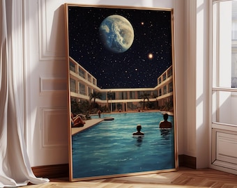 Lunar Pool | Cosmic Art | Retro Futuristic Art | Vintage Collage | Cosmic Sci-Fi | Space Adventure | Digital Retro Art | Digital Wall Art