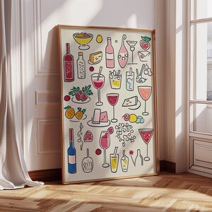Retro eettafel print, barwagen Art Print, eten en drinken illustraties poster, maximalistische keukengalerij kunst aan de muur, decor appartement