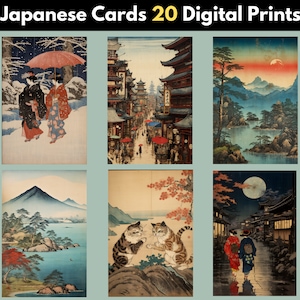 Conjunto de impresión japonesa, conjunto de arte de tarjetas japonesas, postal Ukiyoe, conjunto de arte japonés, conjunto de postales japonesas de 20, postal de Japón, conjunto de arte digital