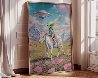 Impresión de mejores amigos extraterrestres y vacas / Arte ovni, pequeño y adorable extraterrestre, pintura al óleo de paisaje retro, póster de vaca ovni, arte de pared extraterrestre