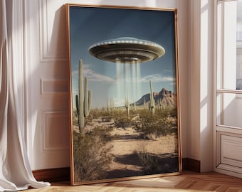 UFO zum Ausdrucken, UFO Poster, fliegende Untertasse in der Wüste, Trippy Wandkunst, Retro Futurismus, kosmische Kunst, Vintage Kunst, Space Art, DRUCKBAR