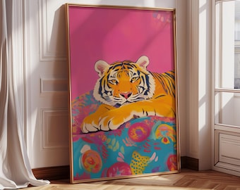 Maximalist Tiger Print, Cute Tiger Vivid Maximalist Oil Painting, Dopamine Animal Pink Poster, Colorful Trendy Bedroom Print, Vibrant Preppy