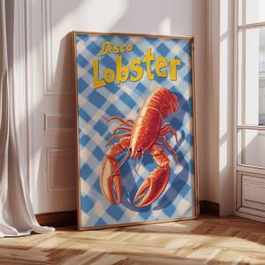 Blauwe disco kreeft heldere en levendige kunstprint | Grappige voedselposter | Digitale download | Retro trendy interieurdecoratie | Vintage kreeftencadeau