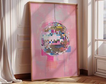 Disco Ball Hand Drawn Painting Printable Wall Art For Home, Decor Pink Disco Ball Poster Aesthetic Printable Art, Digital Download
