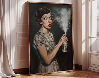 May include: A painting of a woman with dark hair styled in a 1940s updo, wearing a floral dress and holding a can of spray paint. She is looking at the viewer with a surprised expression, and a cloud of white spray paint is coming out of the can.