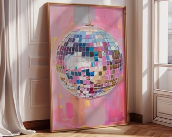 Disco Ball Hand Drawn Painting Printable Wall Art For Home, Decor Pink Disco Ball Poster Aesthetic Printable Art, Digital Download