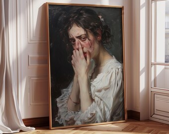 Peut inclure: Une peinture d'une femme aux cheveux foncés et à la robe blanche. Elle pleure et se tient le visage avec les mains. La peinture est encadrée d'or.