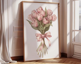 Tulip Bouquet Coquette Decoration | Coquette Room Decor | Pink Tulip Poster | Pink Girly Aesthetic Art | Pink Bow Wall Art, Digital Download