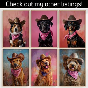 K&ouml;nnte beinhalten: Sechs verschiedene Hunderassen tragen Cowboyh&uuml;te und rosa Bandanas. Die Hunde sitzen alle und schauen in die Kamera. Die Hintergr&uuml;nde sind in verschiedenen Farben gehalten, darunter rosa, lila und blau.