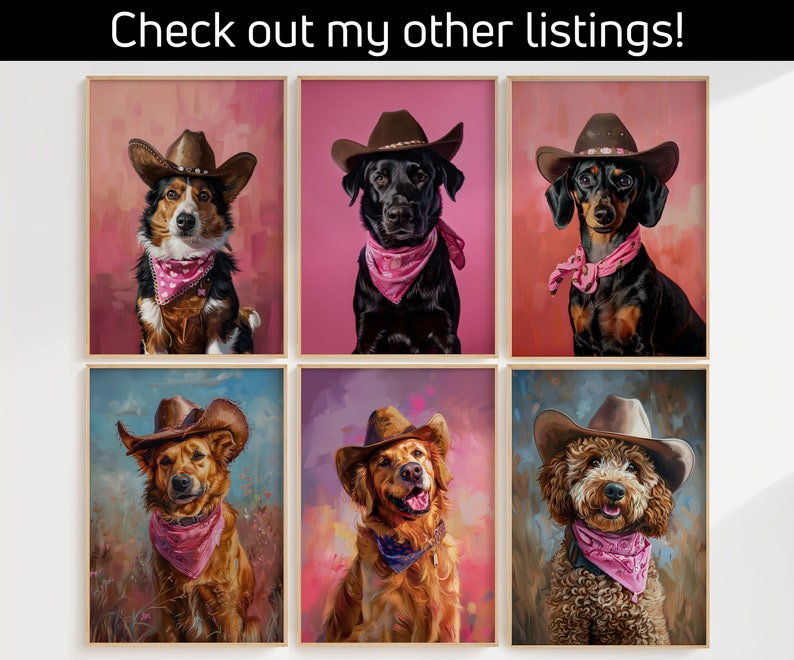 K&ouml;nnte beinhalten: Sechs verschiedene Hunderassen tragen Cowboyh&uuml;te und rosa Bandanas. Die Hunde sitzen alle und schauen in die Kamera. Die Hintergr&uuml;nde sind in verschiedenen Farben gehalten, darunter rosa, lila und blau.