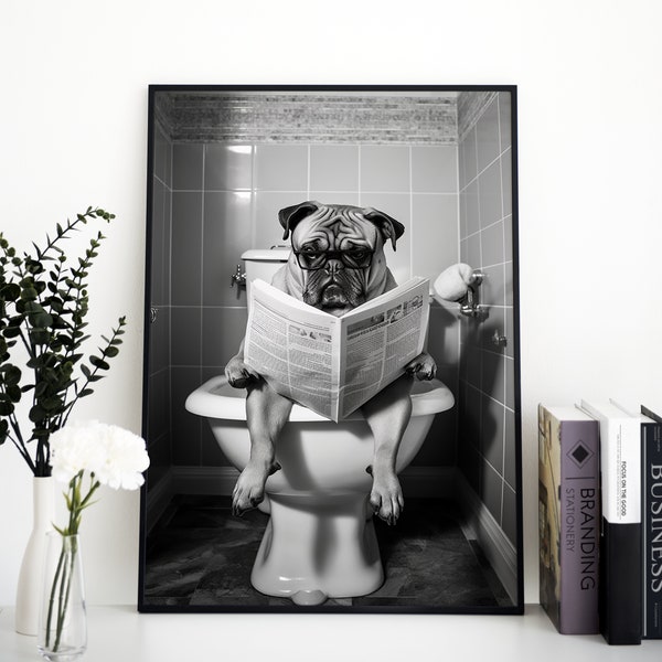 Chien assis sur les toilettes en train de lire le journal, décoration murale drôle de salle de bain, chien dans la baignoire, imprimé animal rigolo, produits à imprimer pour la maison, chien élégant