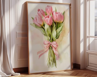 Tulip Bouquet Coquette Decoration | Coquette Room Decor | Pink Tulip Poster | Pink Girly Aesthetic Art | Pink Bow Wall Art, Digital Download