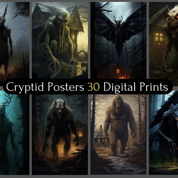 30 Cryptid Posters, Cryptid Creatures, Cryptid Printable, Cryptidcore Sticker, Cthulhu, Wendigo, Big Foot, Werewolf Print, Digital Download