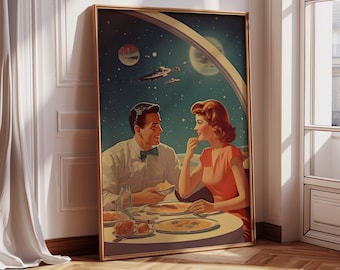 Couple in Space Bar | Sci-Fi Art | Retro Futurism Poster | Space Restaurant | Retro Futuristic PNG | Cosmic Art | Digital Art | Wall Decor