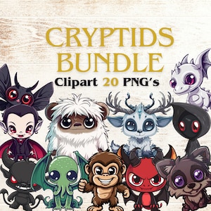 Puede incluir: Un paquete de clipart digital de 20 críptidos, incluyendo un yeti, un chupacabra, un mothman, un kraken, un hombre lobo y un dragón. Los críptidos están ilustrados en un estilo de dibujos animados con colores brillantes y ojos grandes.