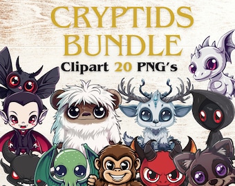Cryptid PNG Bundle | Chibi Cute Cryptids Clipart | Digital Download Sasquatch Bigfoot Nessie Alien Cryptozoology Folklore Monsters Mothman