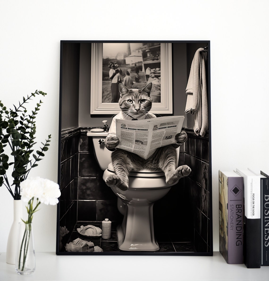 Cat Sitting on the Toilet Reading a Newspaper, Funny Bathroom Wall ...