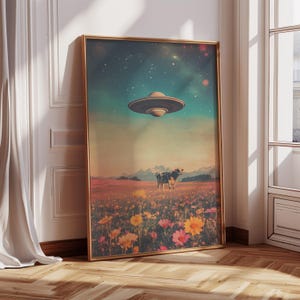 Cow Abduction Print, UFO Art, Vintage Ufo Printable, Trippy Wall Art, Retro Futurism, Cosmic Art, Vintage Art, Space Art, PRINTABLE