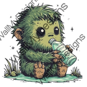 May include: Illustration of a cartoon-style creature with green fur, large eyes, and brown ears and feet, drinking from a water bottle. The creature is sitting on a patch of green grass, with additional grass and small rocks around it.