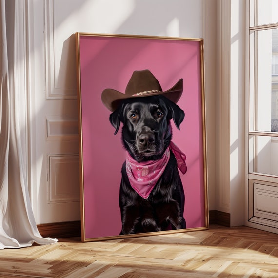 Dog Cowgirl Hat Print, Pink Print, Labrador Lover, Vintage Art, Western Girly Preppy Trendy Wall Art, Puppy Print, Cowgirl Hat Print PNG
