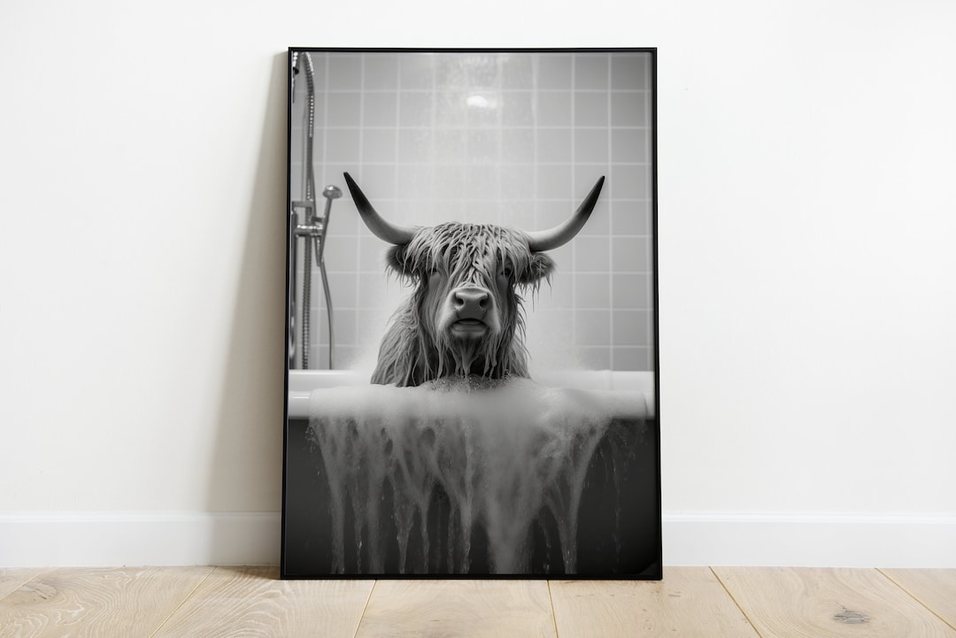 Scottish Highland Cattle in Bathtub Print, Cow in Toilet,kids Bathroom