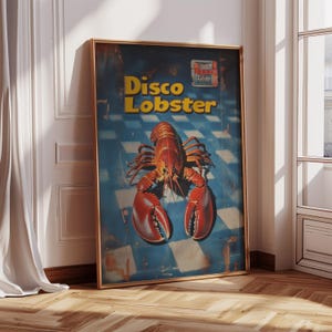 Blauwe disco kreeft heldere en levendige kunstprint | Grappige voedselposter | Digitale download | Retro trendy interieurdecoratie | Vintage kreeftencadeau