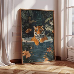Impresión maximalista de tigre, impresión bohemia de animales de la jungla para bañera, decoración balinesa, póster tropical ecléctico botánico maximalista, habitación infantil DIGITAL