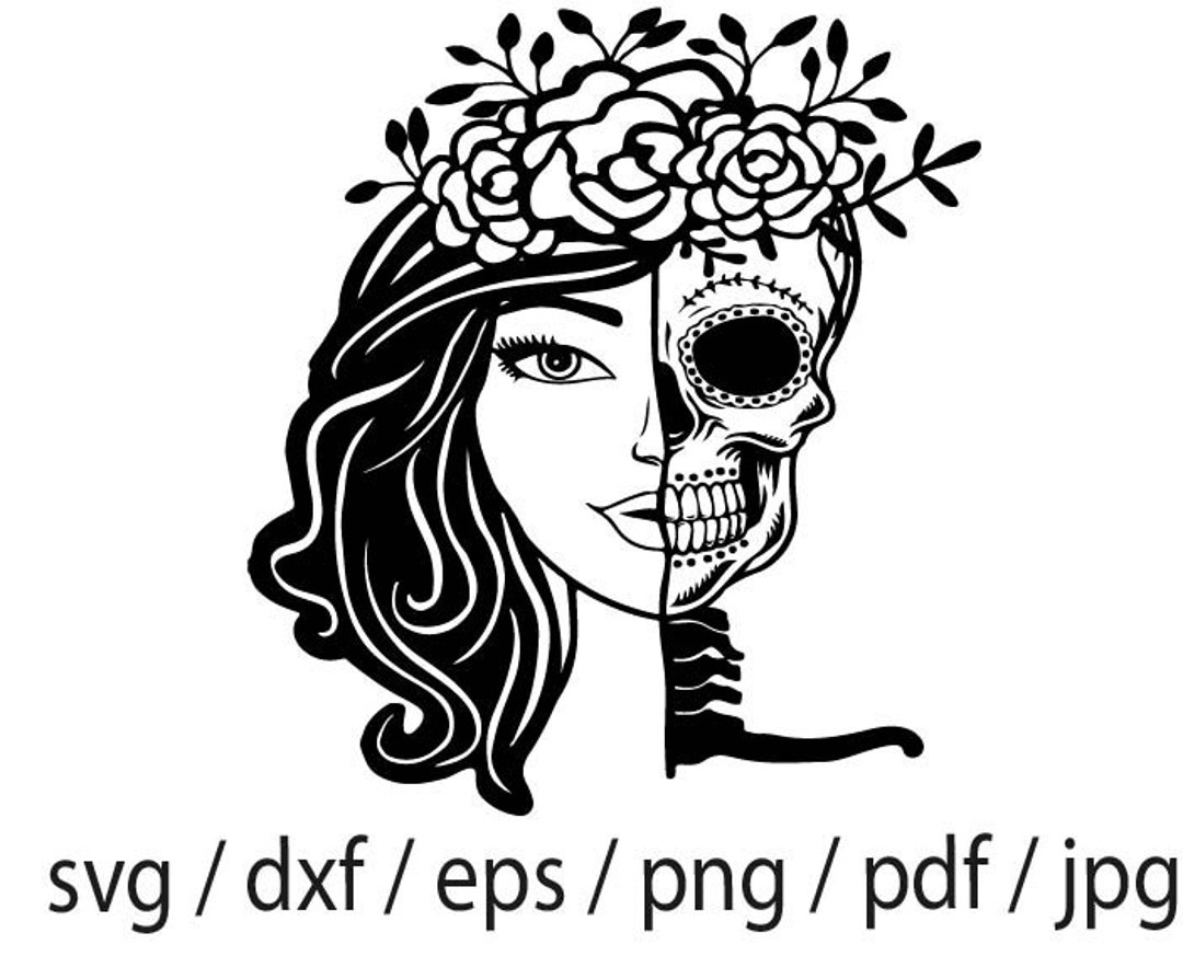 Girl Hlaf Skull, Skull Half Woman SVG, Half Skull Face, Flowers on the
