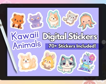 May include: A digital download of 70+ kawaii animal stickers. The stickers feature a variety of cute animals, including cats, dogs, foxes, and an octopus. The stickers are perfect for adding a touch of whimsy to your digital projects.