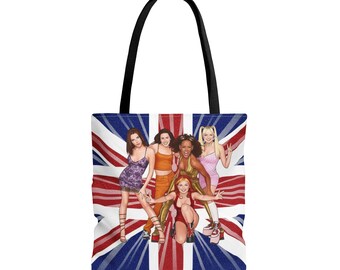 90s Girl Power Cartoon Tote Bag | Retro British Pop Fan Art Shoulder Bag | Iconic 90s Music Nostalgia | Reusable Tote
