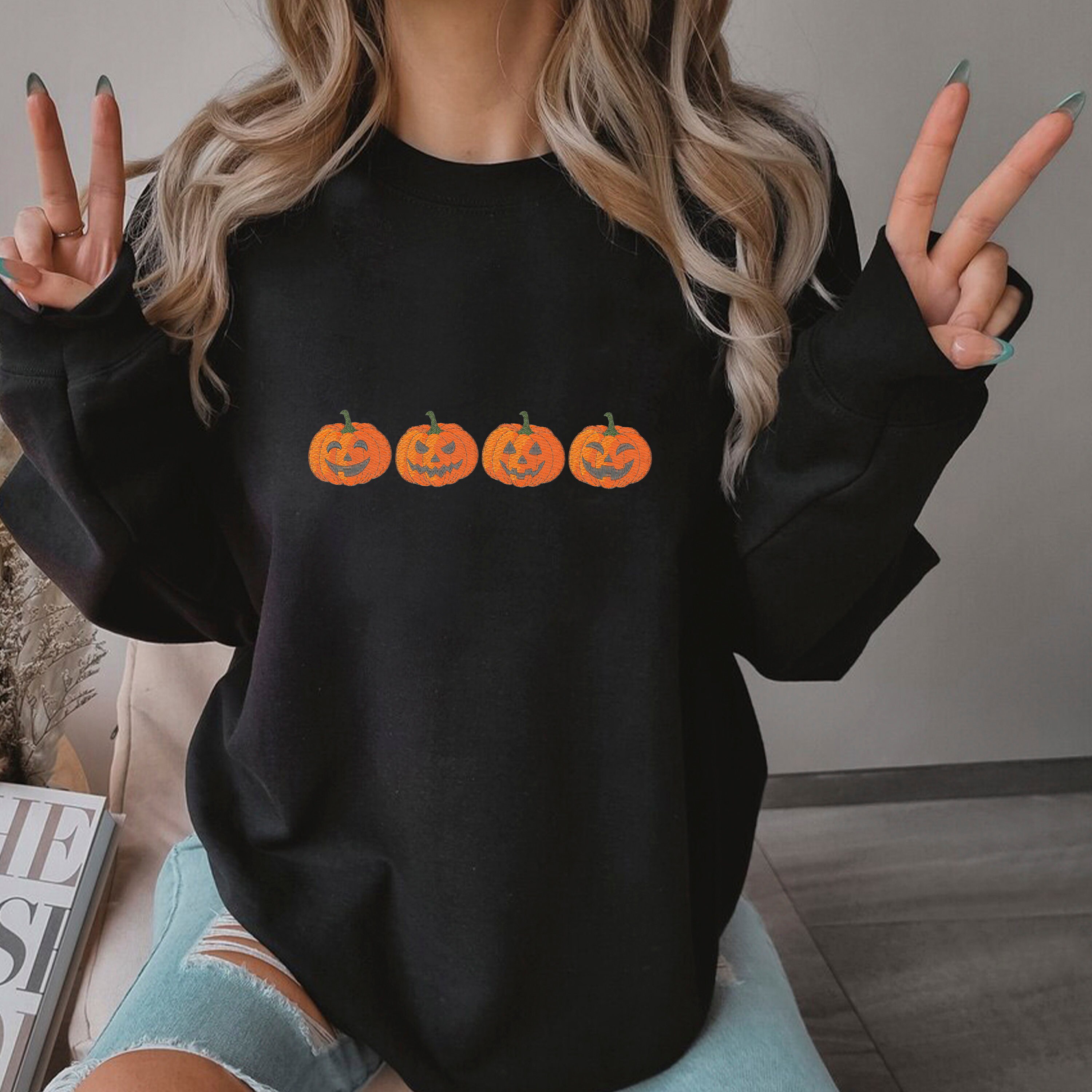 Discover Embroidered Pumpkin Sweatshirt, Pumpkin Sweater, Jack-o-Lantern Sweatshirt, Halloween Crewneck Sweatshirt, Halloween Sweater, Spooky Season