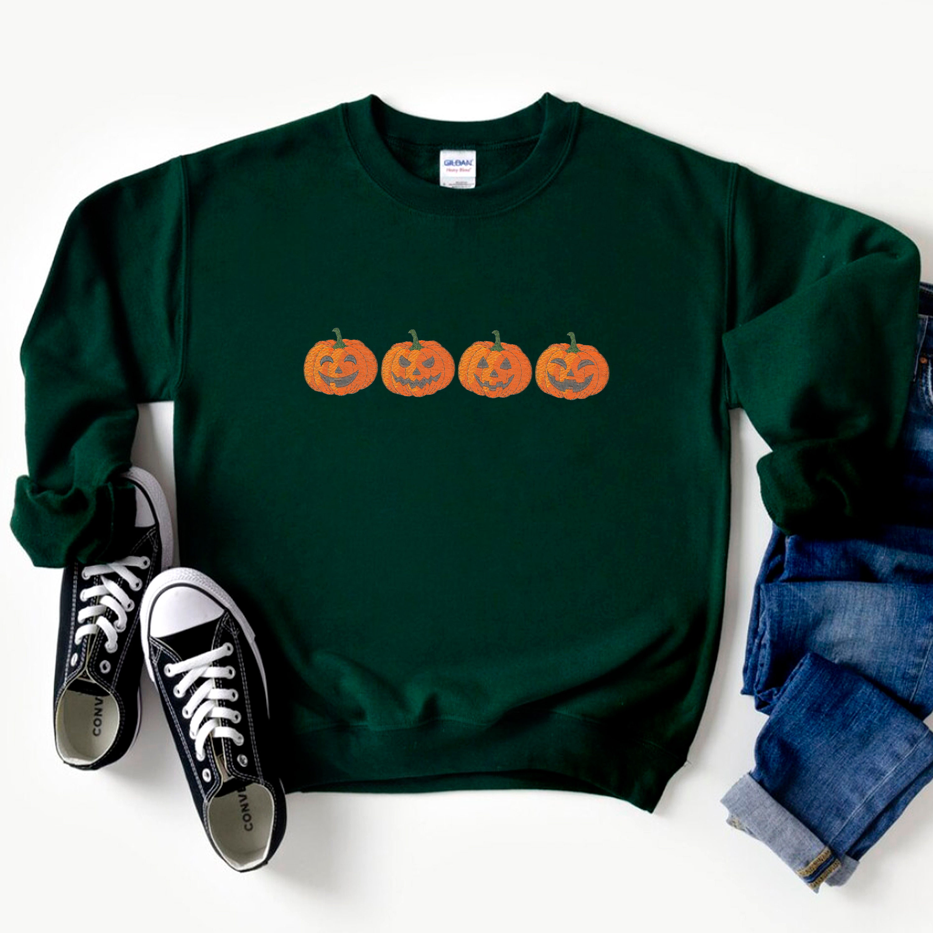 Discover Embroidered Pumpkin Sweatshirt, Pumpkin Sweater, Jack-o-Lantern Sweatshirt, Halloween Crewneck Sweatshirt, Halloween Sweater, Spooky Season