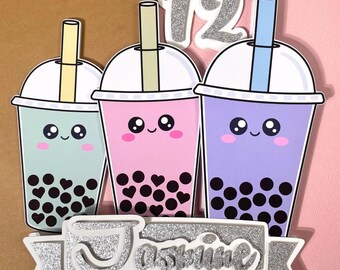 Pink Glitter Bubble Tea Cake Topper - Boba Tea Birthday Party Decoration With 6 Smiley Faces - View #8