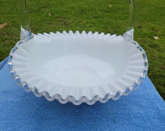 Fenton Silver Crest Spanish Lace Ruffled Edge Milk Glass 1950s Wedding Basket